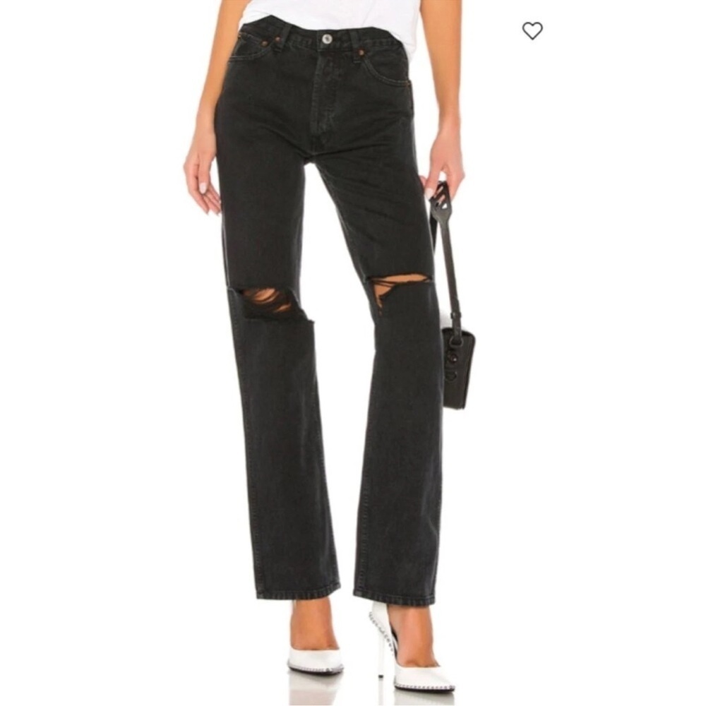RE/DONE Jeans Womens Originals High Rise Loose Washed Black Rips Button Fly 27